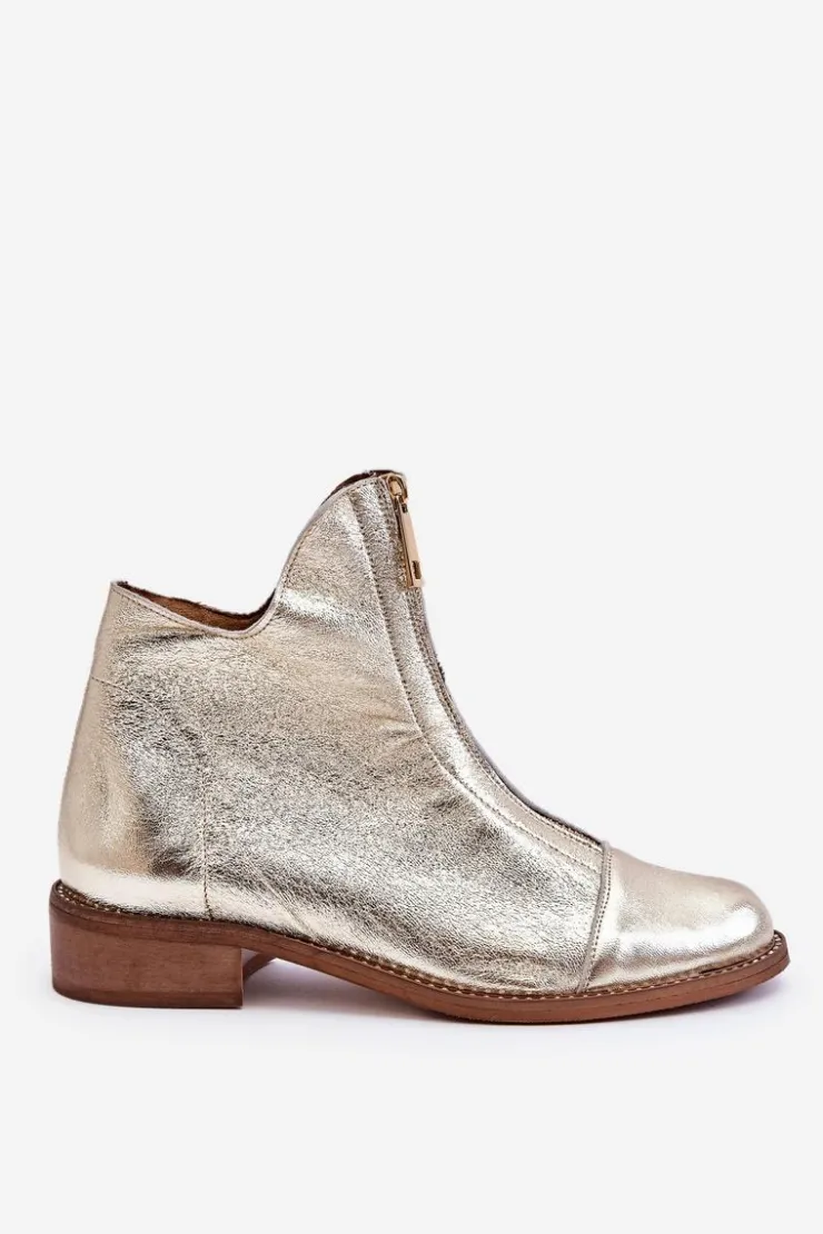 Zazoo Botki Wiosenne|Czarne Botki*2785 Skórzane Botki Na Suwak Złote