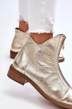 Zazoo Botki Wiosenne|Czarne Botki*2785 Skórzane Botki Na Suwak Złote