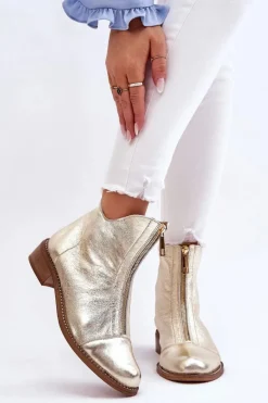 Zazoo Botki Wiosenne|Czarne Botki*2785 Skórzane Botki Na Suwak Złote