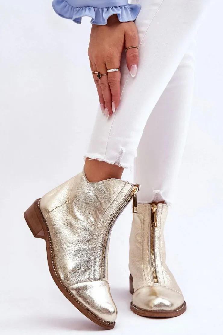 Zazoo Botki Wiosenne|Czarne Botki*2785 Skórzane Botki Na Suwak Złote