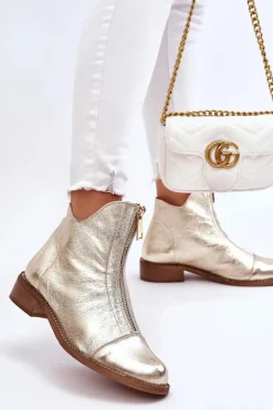 Zazoo Botki Wiosenne|Czarne Botki*2785 Skórzane Botki Na Suwak Złote