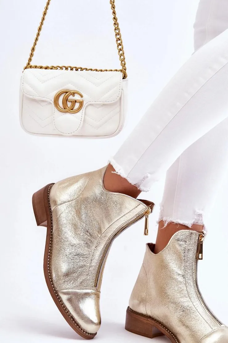 Zazoo Botki Wiosenne|Czarne Botki*2785 Skórzane Botki Na Suwak Złote