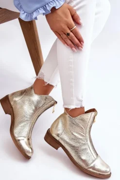 Zazoo Botki Wiosenne|Czarne Botki*2785 Skórzane Botki Na Suwak Złote