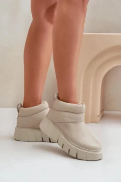 Damskie Zazoo 60470 Skórzane Botki Ocieplane Wełną Na Platformie Jasnobeżowe