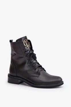 Zazoo Botki Sznurowane|Botki Płaskie*2955 Skórzane Botki Workery Ze Złotym Detalem Na Języku Czarne Czarny