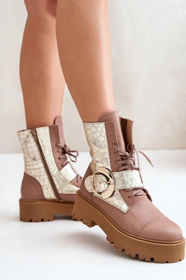 Zazoo Damskie Trapery|Brązowe I Beżowe Botki*2942 Skórzane Botki Workery Ze Złotą Klamrą Beżowe