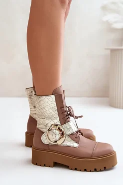 Zazoo Damskie Trapery|Brązowe I Beżowe Botki*2942 Skórzane Botki Workery Ze Złotą Klamrą Beżowe