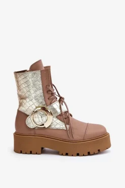 Zazoo Damskie Trapery|Brązowe I Beżowe Botki*2942 Skórzane Botki Workery Ze Złotą Klamrą Beżowe