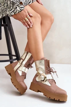 Zazoo Damskie Trapery|Brązowe I Beżowe Botki*2942 Skórzane Botki Workery Ze Złotą Klamrą Beżowe