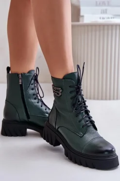 Outlet Zazoo 60486 Skórzane Botki Workery Ocieplane Ciemnozielone Zielony