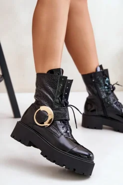 Damskie Zazoo 2942 Skórzane Botki Workery Ze Złotą Klamrą Czarne