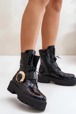 Damskie Zazoo 2942 Skórzane Botki Workery Ze Złotą Klamrą Czarne