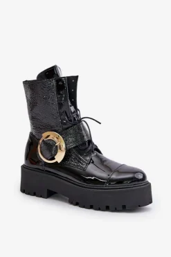 Damskie Zazoo 2942 Skórzane Botki Workery Ze Złotą Klamrą Czarne