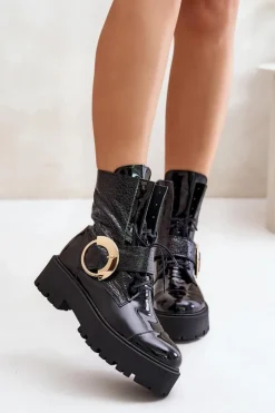 Damskie Zazoo 2942 Skórzane Botki Workery Ze Złotą Klamrą Czarne