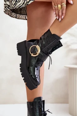 Damskie Zazoo 2942 Skórzane Botki Workery Ze Złotą Klamrą Czarne