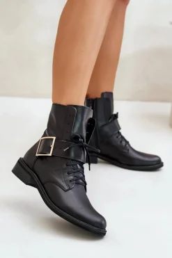 Damskie Zazoo 2949 Skórzane Botki Z Klamrą Czarne