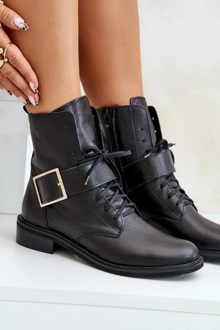 Damskie Zazoo 2949 Skórzane Botki Z Klamrą Czarne