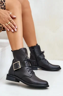 Damskie Zazoo 2949 Skórzane Botki Z Klamrą Czarne