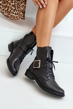 Damskie Zazoo 2949 Skórzane Botki Z Klamrą Czarne