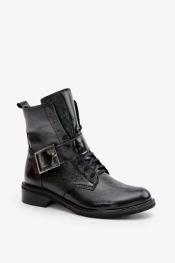 Zazoo Botki Skórzane|Botki Sznurowane*2949 Skórzane Botki Z Klamrą Czarne Czarny