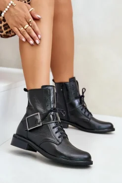 Zazoo Botki Skórzane|Botki Sznurowane*2949 Skórzane Botki Z Klamrą Czarne Czarny