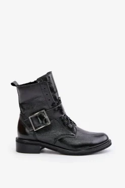 Zazoo Botki Skórzane|Botki Sznurowane*2949 Skórzane Botki Z Klamrą Czarne Czarny