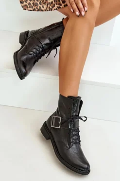 Zazoo Botki Skórzane|Botki Sznurowane*2949 Skórzane Botki Z Klamrą Czarne Czarny