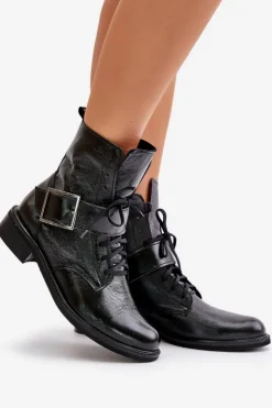 Zazoo Botki Skórzane|Botki Sznurowane*2949 Skórzane Botki Z Klamrą Czarne Czarny