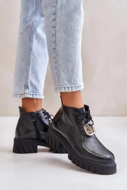 Discount Zazoo 2952 Skórzane Botki Ze Złotą Ozdobą Czarne Czarny