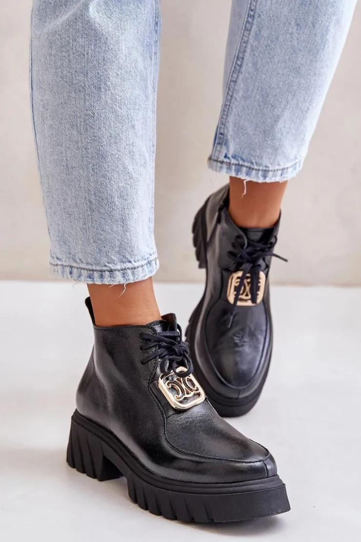 Discount Zazoo 2952 Skórzane Botki Ze Złotą Ozdobą Czarne Czarny