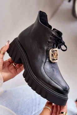 Discount Zazoo 2952 Skórzane Botki Ze Złotą Ozdobą Czarne Czarny