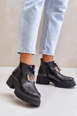 Discount Zazoo 2952 Skórzane Botki Ze Złotą Ozdobą Czarne Czarny