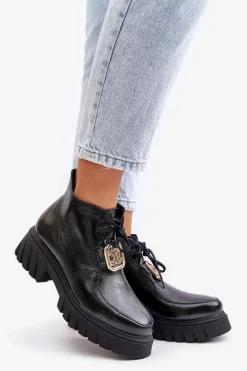 Discount Zazoo 2952 Skórzane Botki Ze Złotą Ozdobą Czarne Czarny