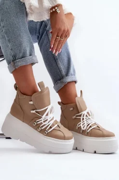 Zazoo 3416 Skórzane Damskie Buty Sportowe Beżowe Beżowy