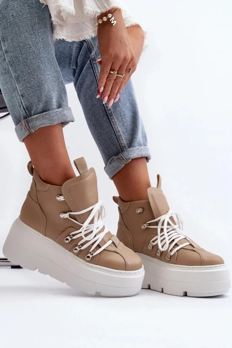 Zazoo 3416 Skórzane Damskie Buty Sportowe Beżowe Beżowy