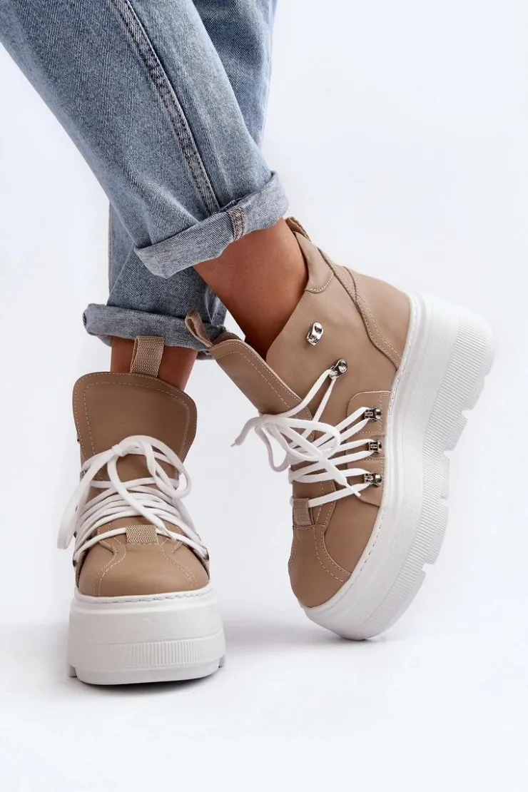 Zazoo 3416 Skórzane Damskie Buty Sportowe Beżowe Beżowy