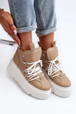 Zazoo 3416 Skórzane Damskie Buty Sportowe Beżowe Beżowy