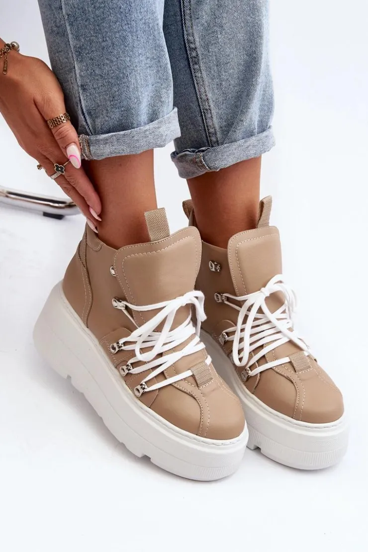 Zazoo 3416 Skórzane Damskie Buty Sportowe Beżowe Beżowy