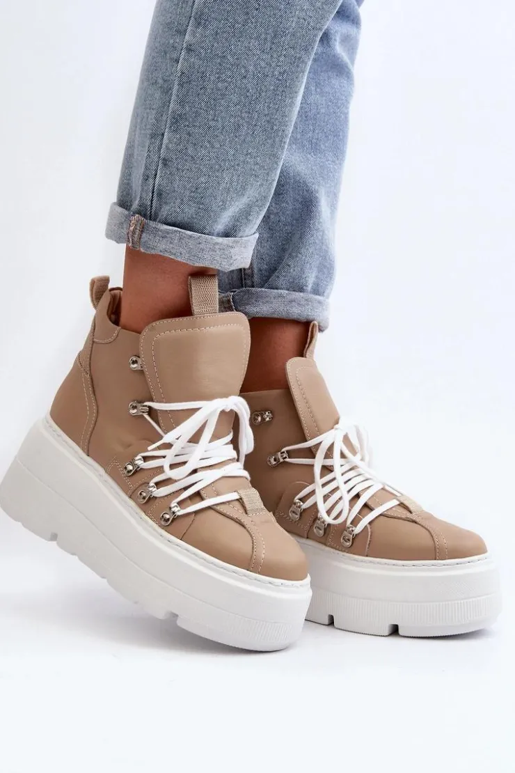 Zazoo 3416 Skórzane Damskie Buty Sportowe Beżowe Beżowy