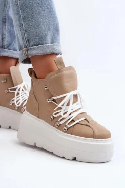 Zazoo 3416 Skórzane Damskie Buty Sportowe Beżowe Beżowy