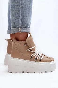 Zazoo 3416 Skórzane Damskie Buty Sportowe Beżowe Beżowy