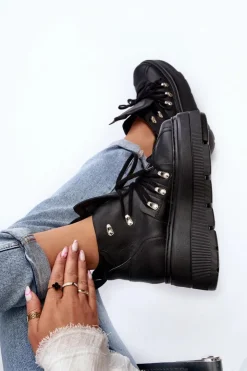 Zazoo Sneakersy Damskie*3416 Skórzane Damskie Buty Sportowe Czarne Czarny