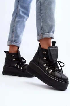 Zazoo Sneakersy Damskie*3416 Skórzane Damskie Buty Sportowe Czarne Czarny