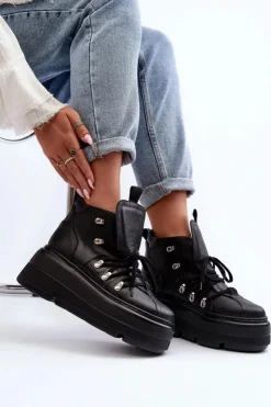 Zazoo Sneakersy Damskie*3416 Skórzane Damskie Buty Sportowe Czarne Czarny