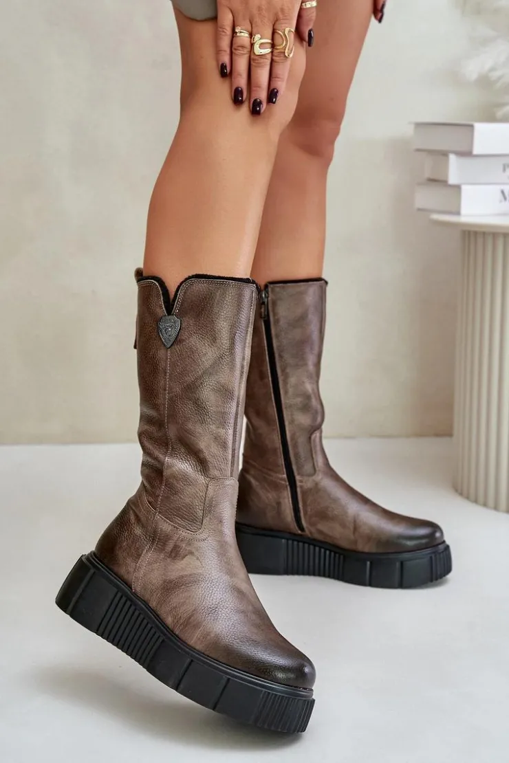 Zazoo Kozaki Na Koturnie|Kozaki Przed Kolano*70121 Skórzane Damskie Kozaki Z Wełną Brązowe