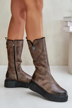 Zazoo Kozaki Na Koturnie|Kozaki Przed Kolano*70121 Skórzane Damskie Kozaki Z Wełną Brązowe