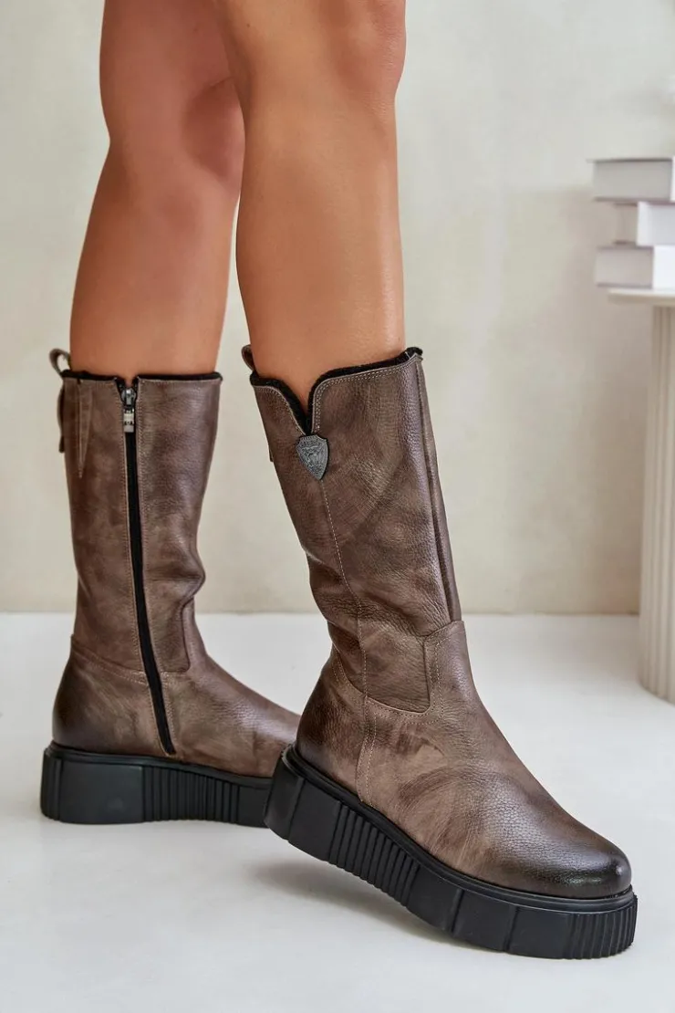 Zazoo Kozaki Na Koturnie|Kozaki Przed Kolano*70121 Skórzane Damskie Kozaki Z Wełną Brązowe