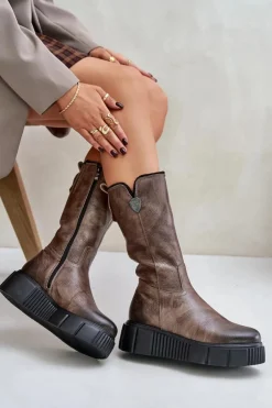 Zazoo Kozaki Na Koturnie|Kozaki Przed Kolano*70121 Skórzane Damskie Kozaki Z Wełną Brązowe