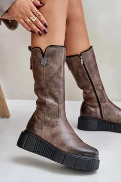 Zazoo Kozaki Na Koturnie|Kozaki Przed Kolano*70121 Skórzane Damskie Kozaki Z Wełną Brązowe