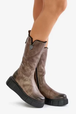 Zazoo Kozaki Na Koturnie|Kozaki Przed Kolano*70121 Skórzane Damskie Kozaki Z Wełną Brązowe